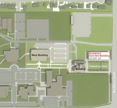 This map of part of the University of Houston-Victoria campus shows where a new academic and economic development building could be constructed.